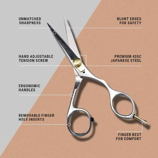 ONTAKI Japanese Steel Beard & Mustache Scissors with ergonomic handles, premium 420C steel blades, adjustable tension screw, finger rest, and safety blunt edges for precise grooming.