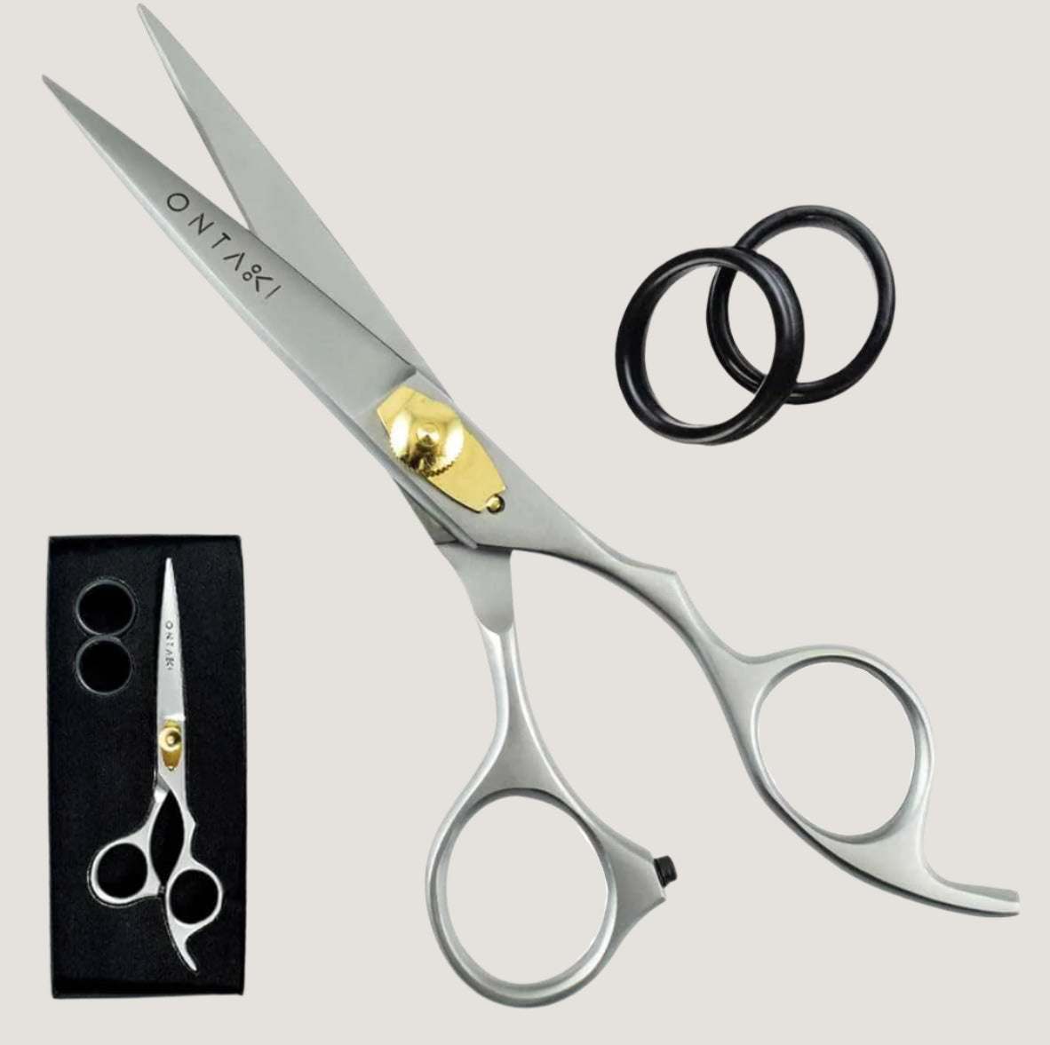 Professional hairdressing scissors set with sharp stainless steel blades and ergonomic handles for thinning and texturing hair.