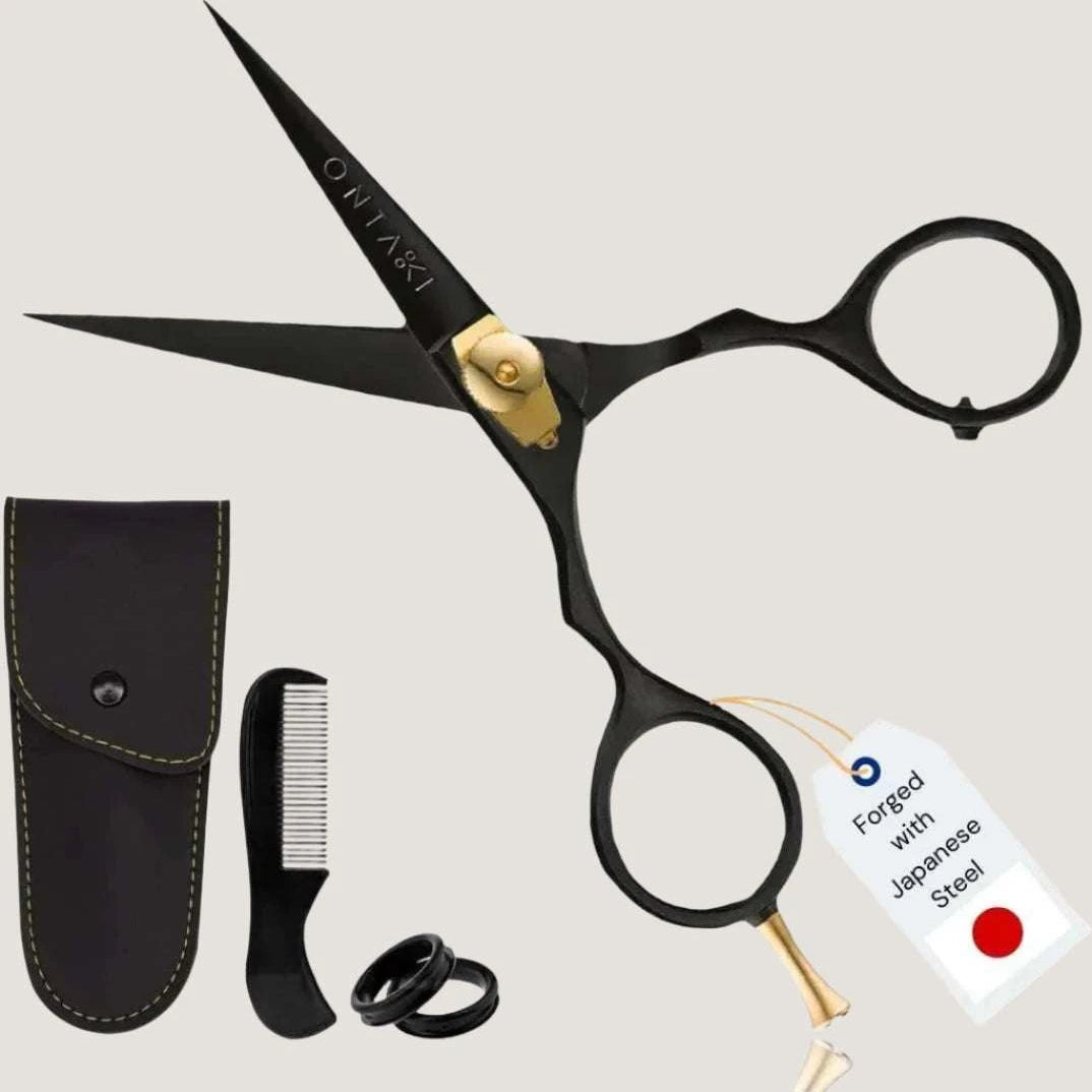 Premium Japanese steel black 5-inch beard and hair scissors with gold accents, carrying case, comb, and finger rings