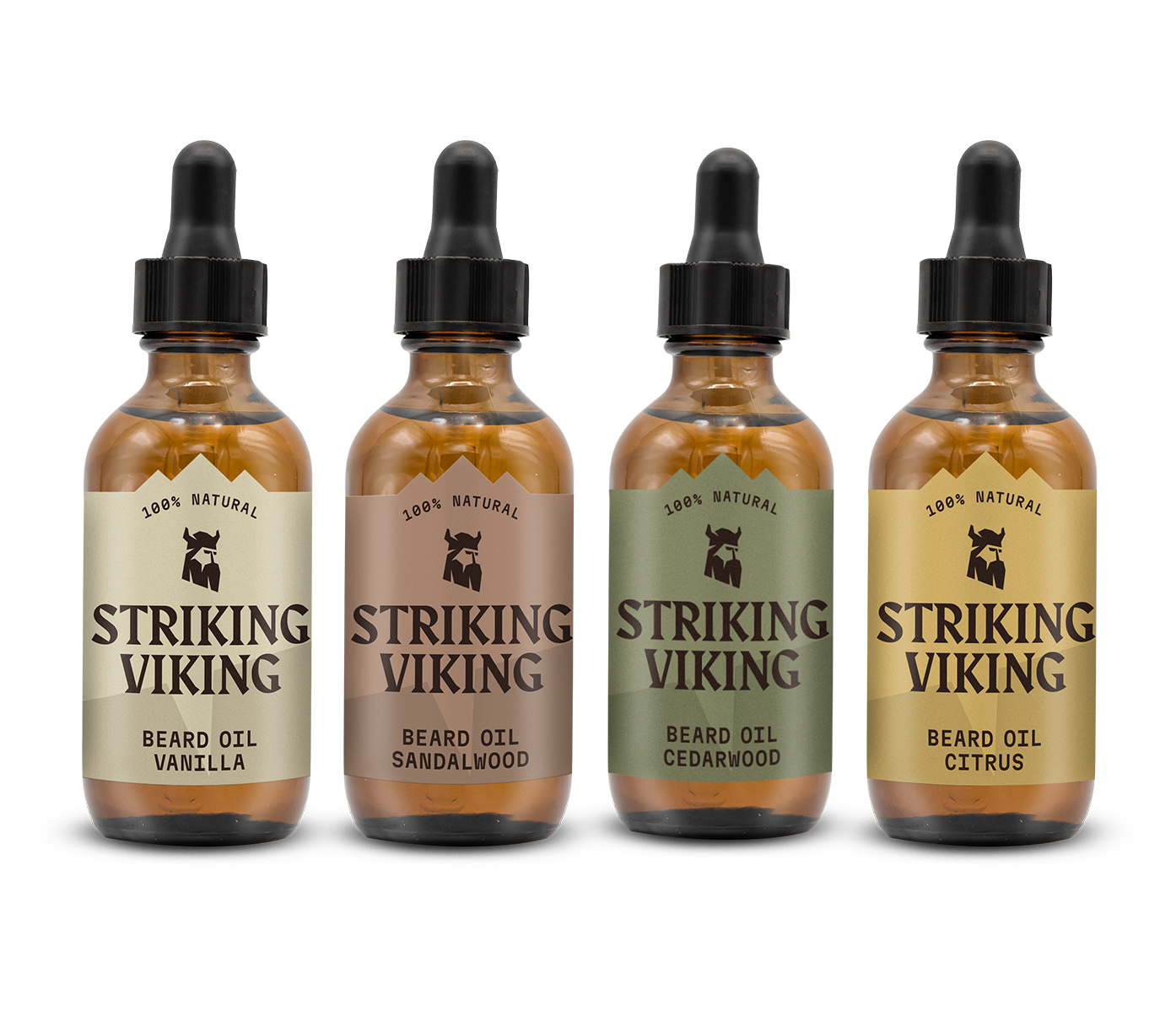 Beard Oil Variety 4 Pack Set featuring Vanilla, Sandalwood, Cedarwood, and Citrus scents in dropper bottles.