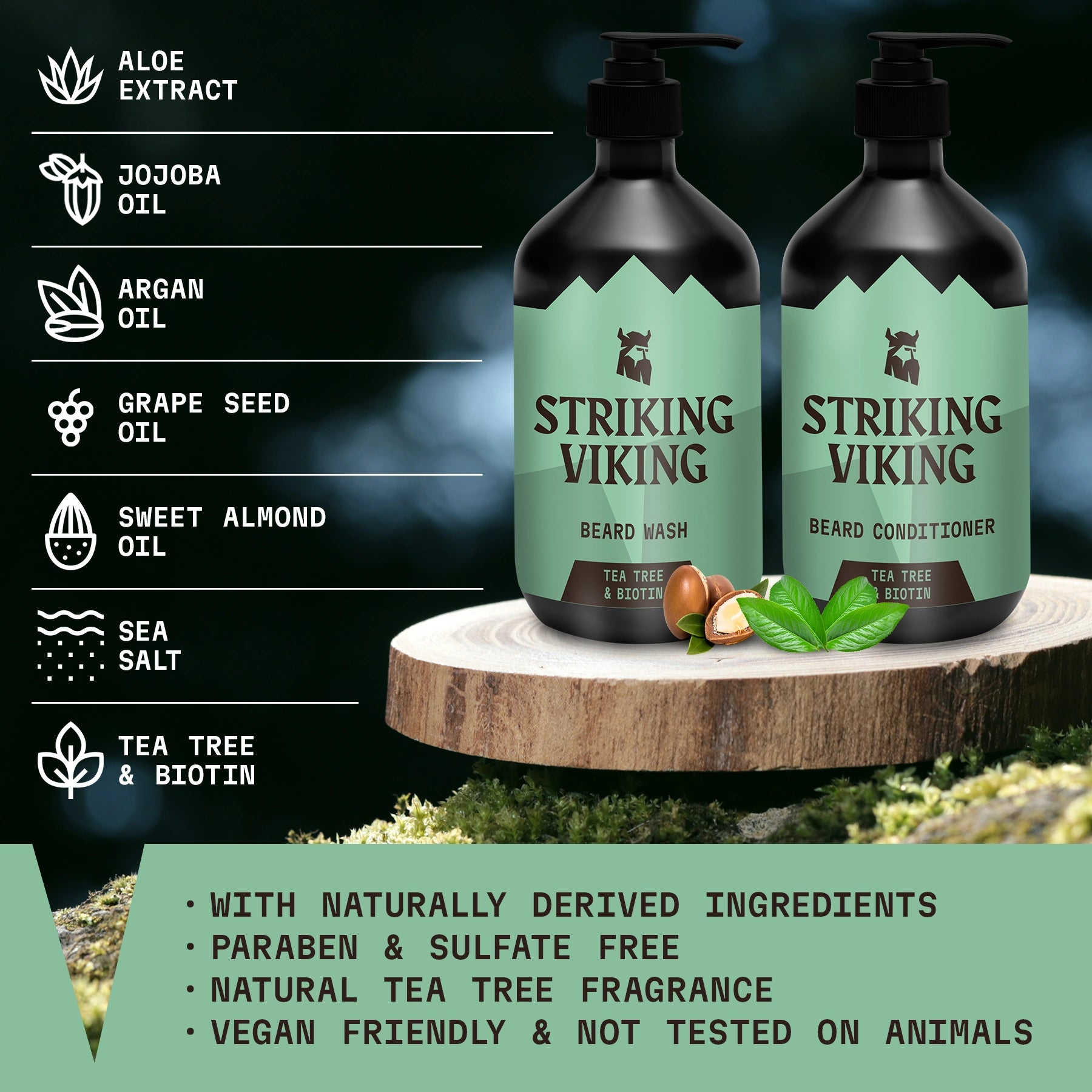 Striking Viking Beard Wash & Conditioner Set (Tea Tree & Biotin) ingredients
