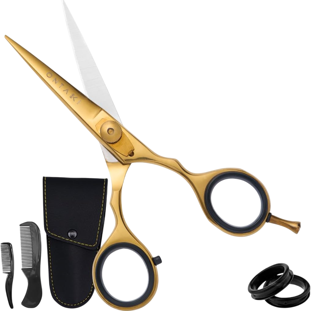 Premium Japanese steel 5.5-inch beard and hair scissors in gold with ergonomic design and sharp blades