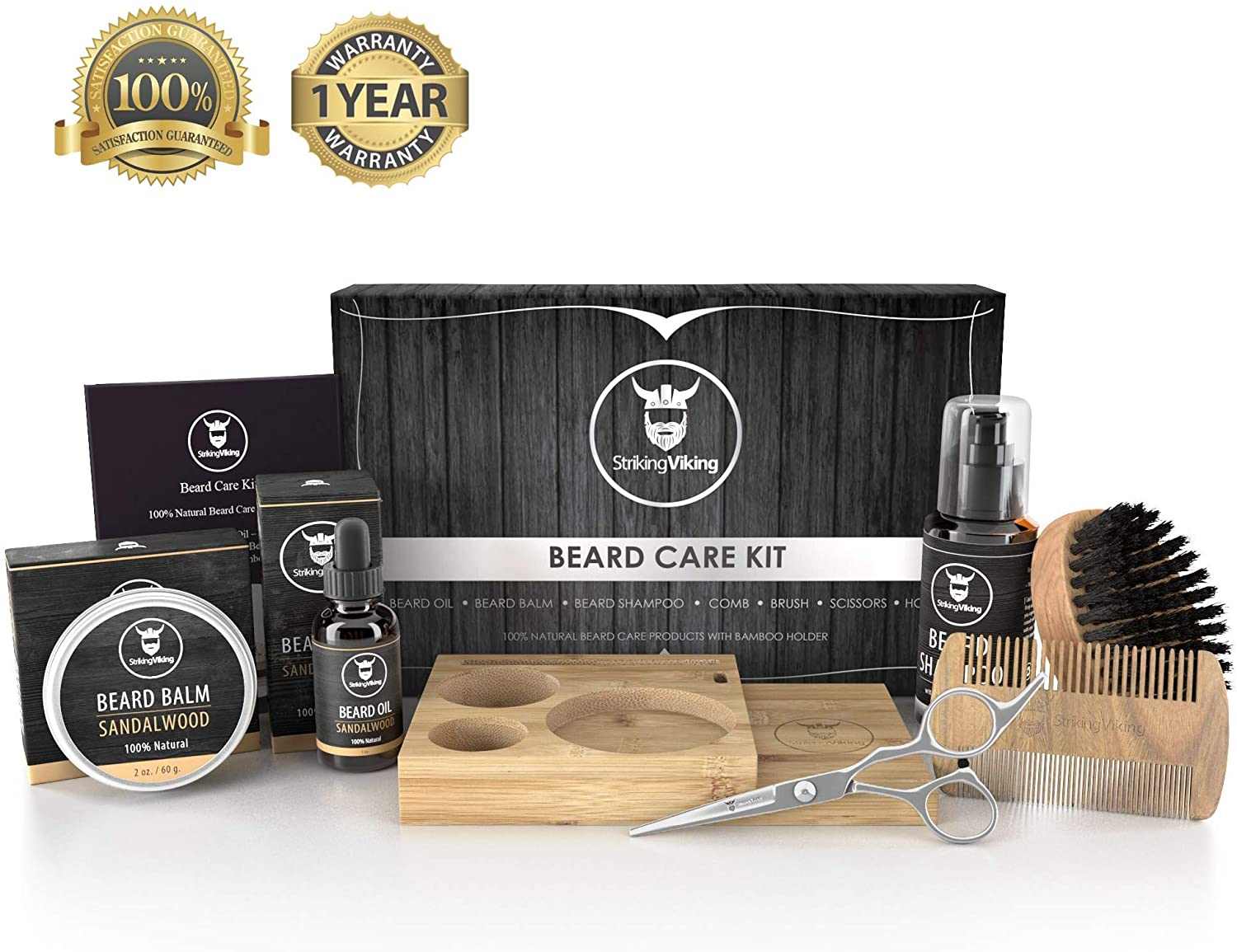 Beard kit with caddy including grooming accessories, natural beard products, and bamboo holder.
