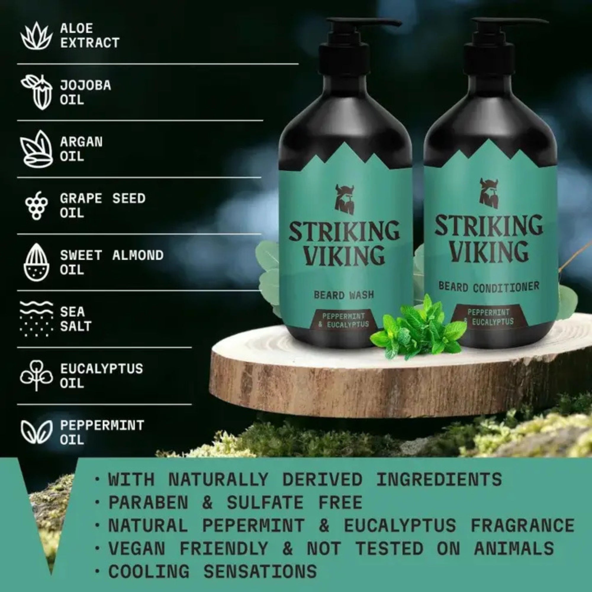 Striking Viking Peppermint & Eucalyptus Beard Shampoo & Conditioner Set for Healthy Beard Care