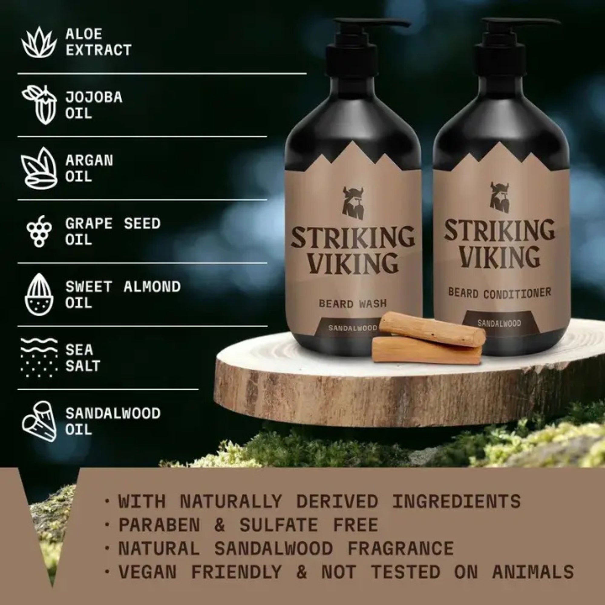 Striking Viking Sandalwood Beard Shampoo & Conditioner Set – Hydrating Beard Care for Men