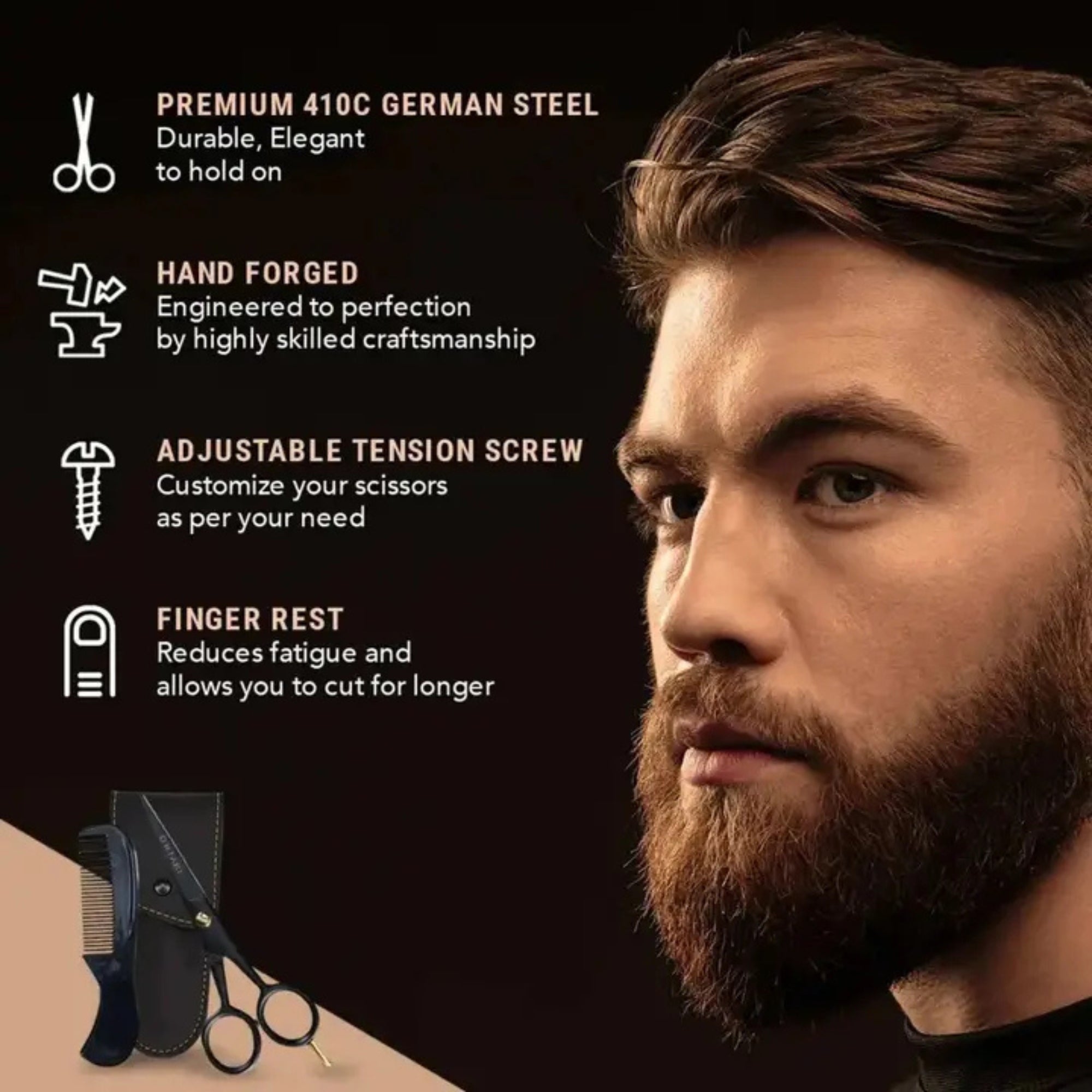 ONTAKI Beard & Mustache Scissors with Finger Rest 5 Inch – German Steel Grooming Kit