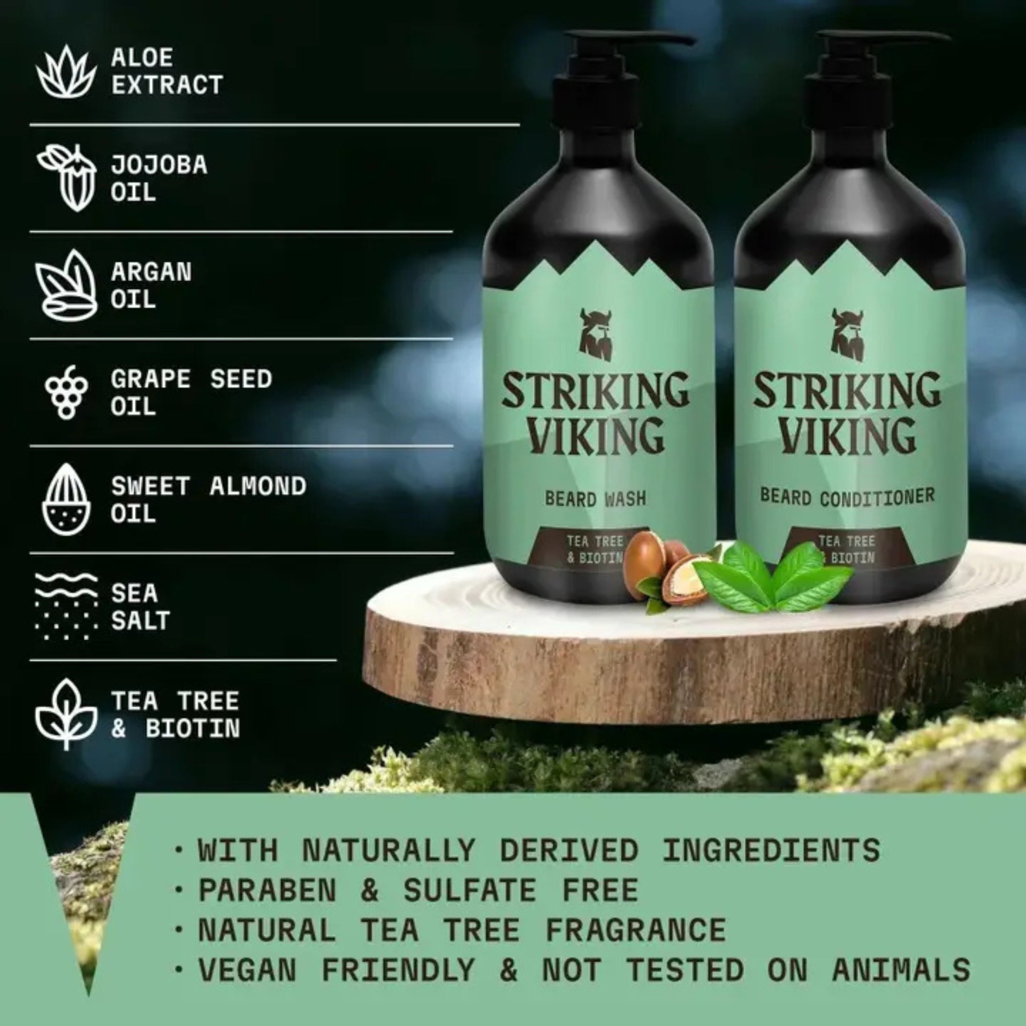 Striking Viking Tea Tree & Biotin Beard Shampoo & Conditioner Set for Healthy Beard Care
