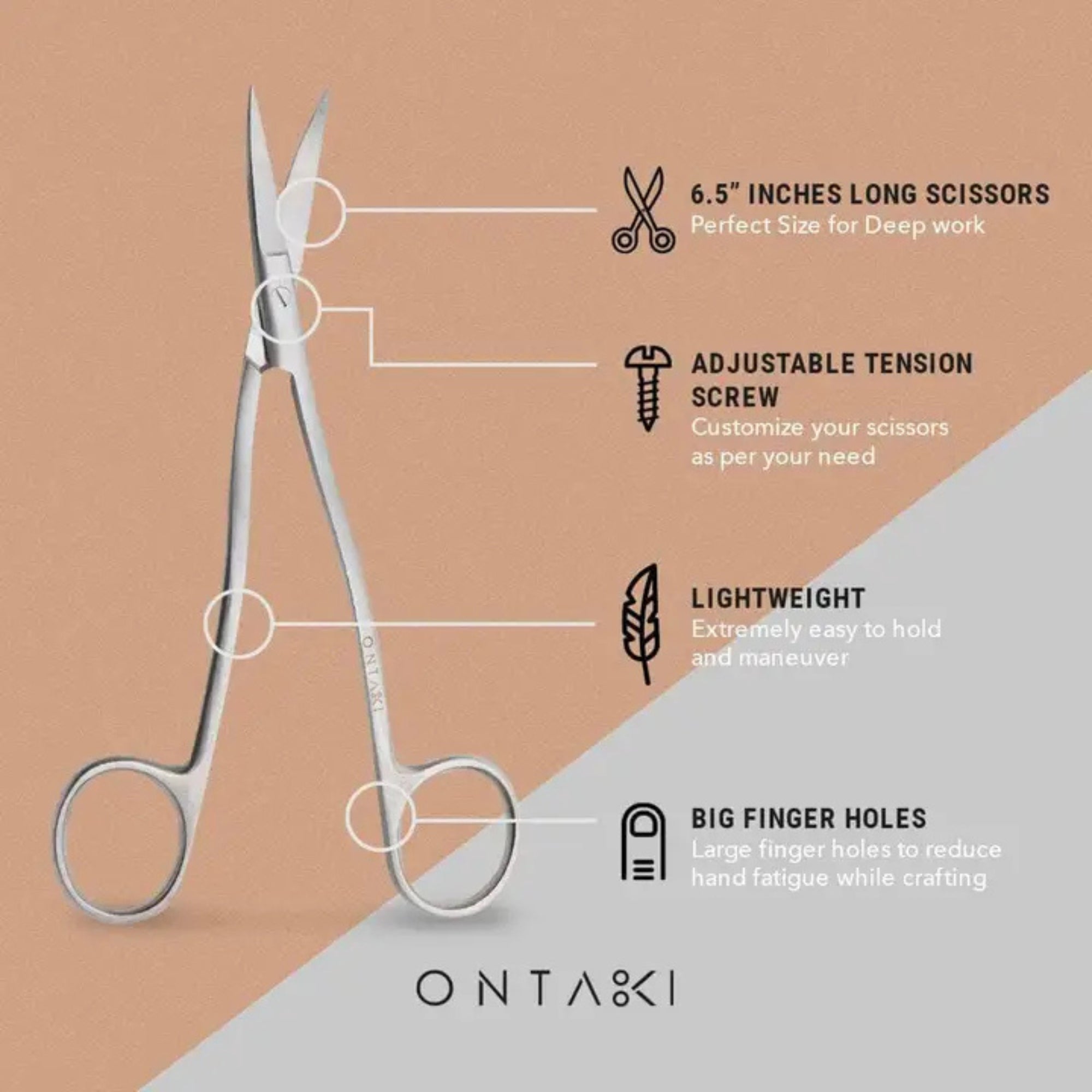 ONTAKI Curved Fabric Scissors 6.5 Inch – German Stainless Steel Embroidery Scissors