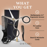 ONTAKI Japanese Steel Rounded Tip Beard & Mustache Scissors 4.2 Inch Grooming Kit