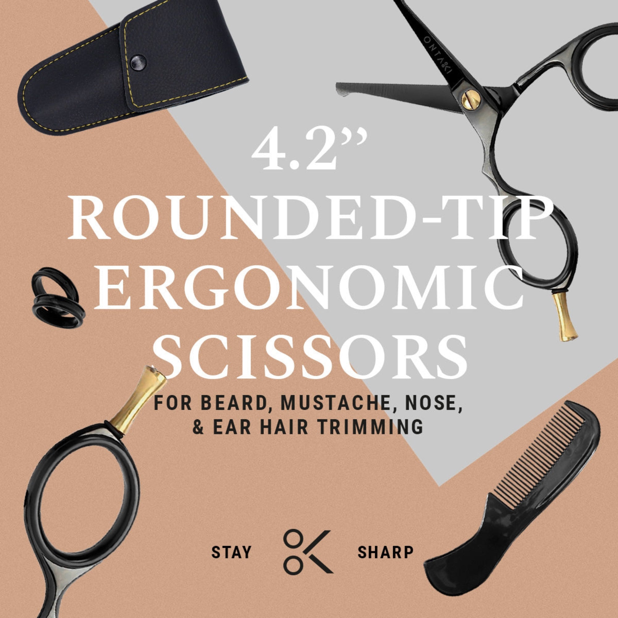 ONTAKI Japanese Steel Rounded Tip Beard & Mustache Scissors 4.2 Inch Grooming Kit