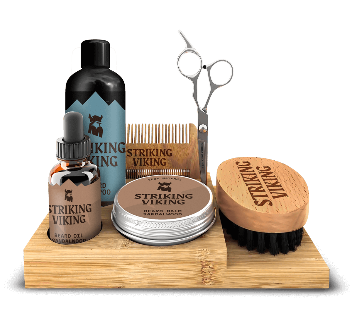 Beard grooming kit with caddy, including beard oil, shampoo, balm, scissors, brush, and comb.