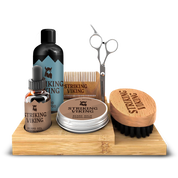 Beard grooming kit with caddy, including beard oil, shampoo, balm, scissors, brush, and comb.