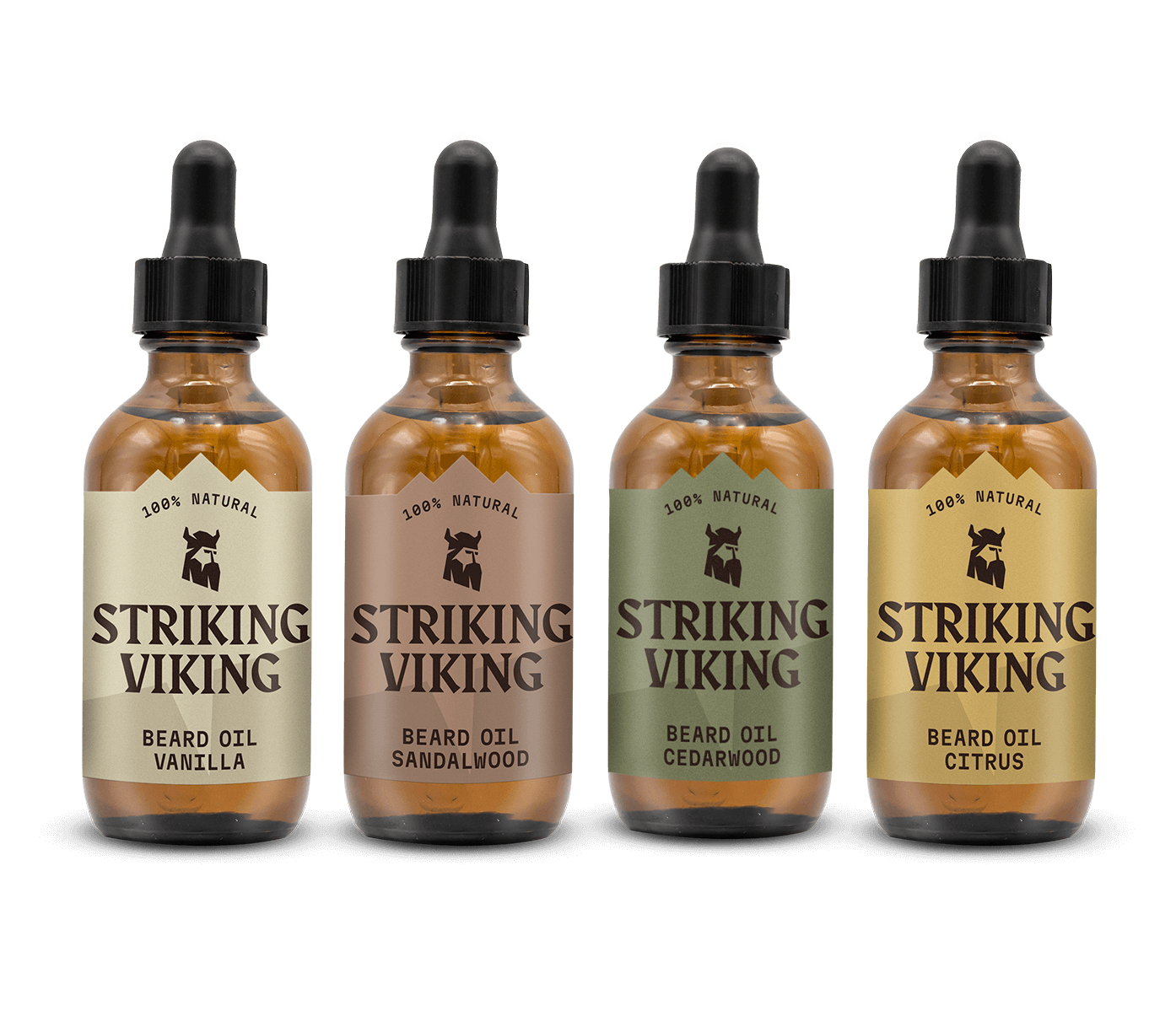 Beard Oil Variety 4 Pack Set featuring Vanilla, Sandalwood, Cedarwood, and Citrus scents in dropper bottles.