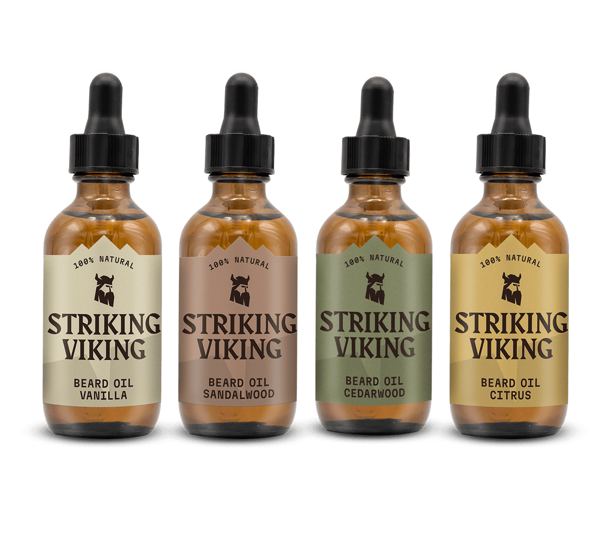 Beard Oil Variety 4 Pack Set featuring Vanilla, Sandalwood, Cedarwood, and Citrus scents in dropper bottles.