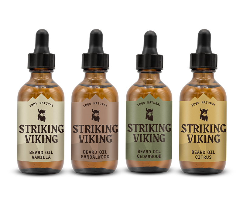 Beard Oil Variety 4 Pack Set featuring Vanilla, Sandalwood, Cedarwood, and Citrus scents in dropper bottles.