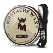 Mustache wax and comb kit with vanilla scent and anti-static mini comb.