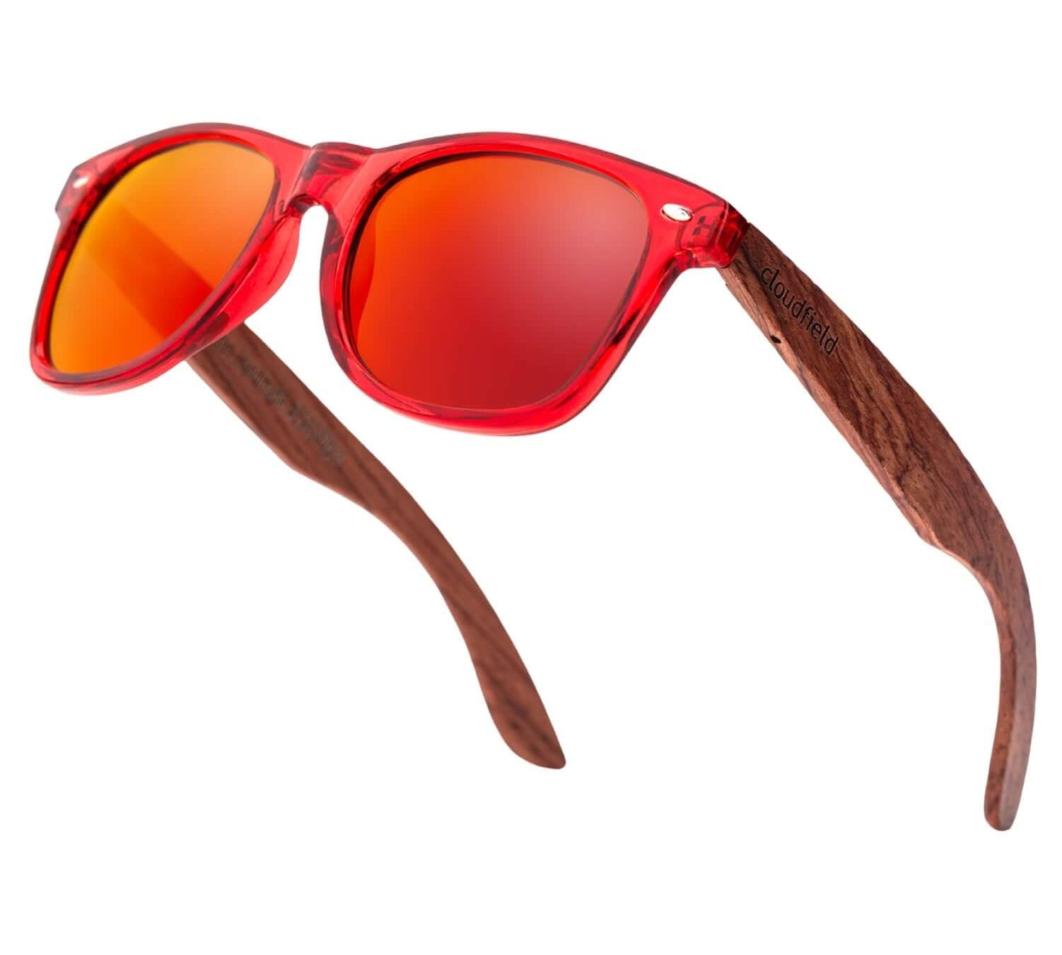 Cloudfield Unisex Polarized red bamboo sunglasses with UV protection and wooden case