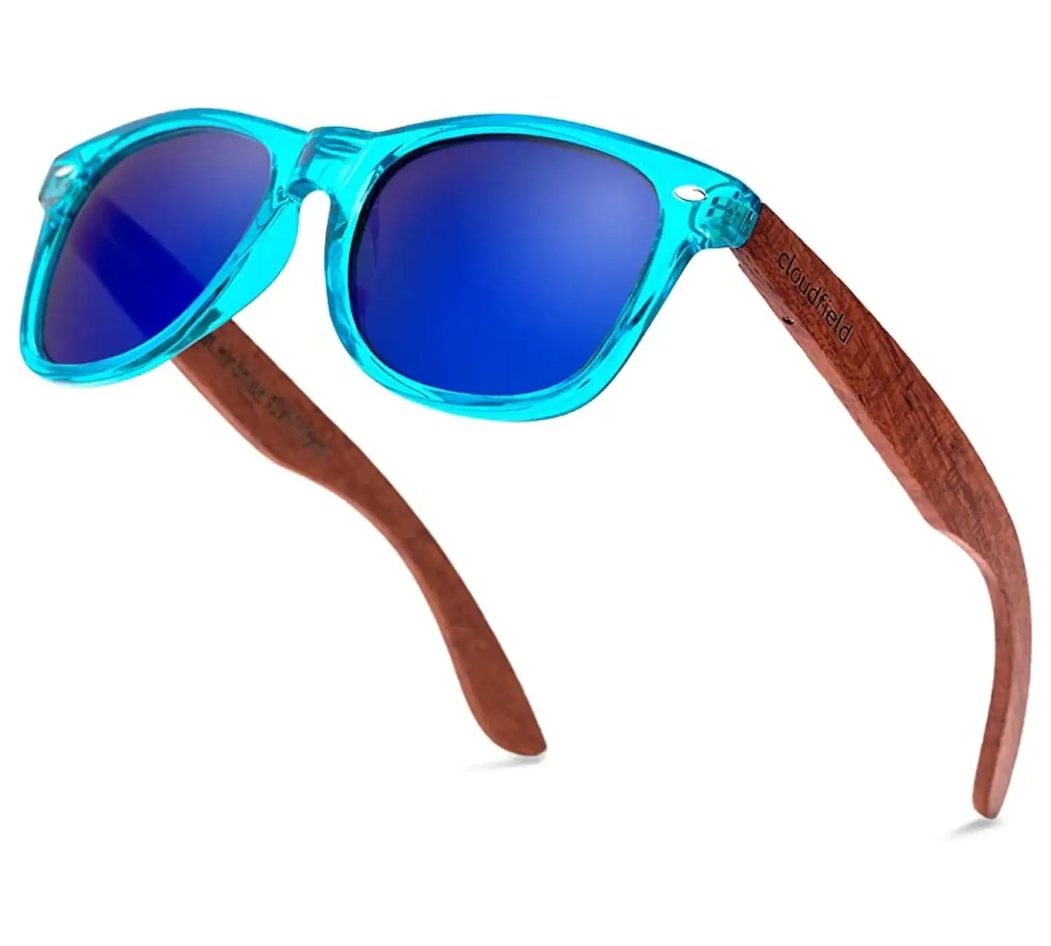 Cloudfield unisex polarized sunglasses with ocean blue bamboo frames and UV protection