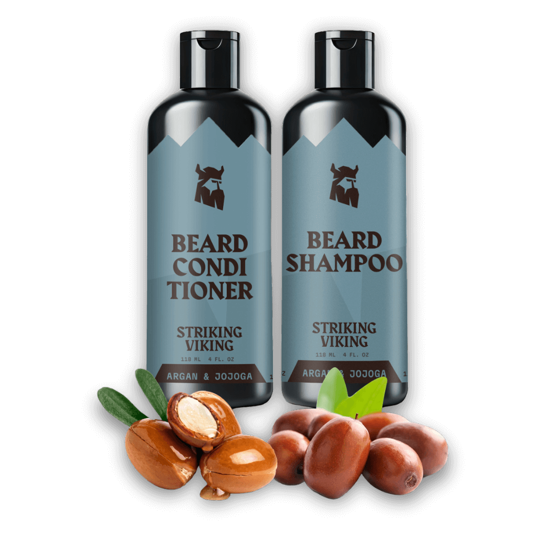 Beard Shampoo and conditioner set with Argan and Jojoba oils for moisturizing beard care.