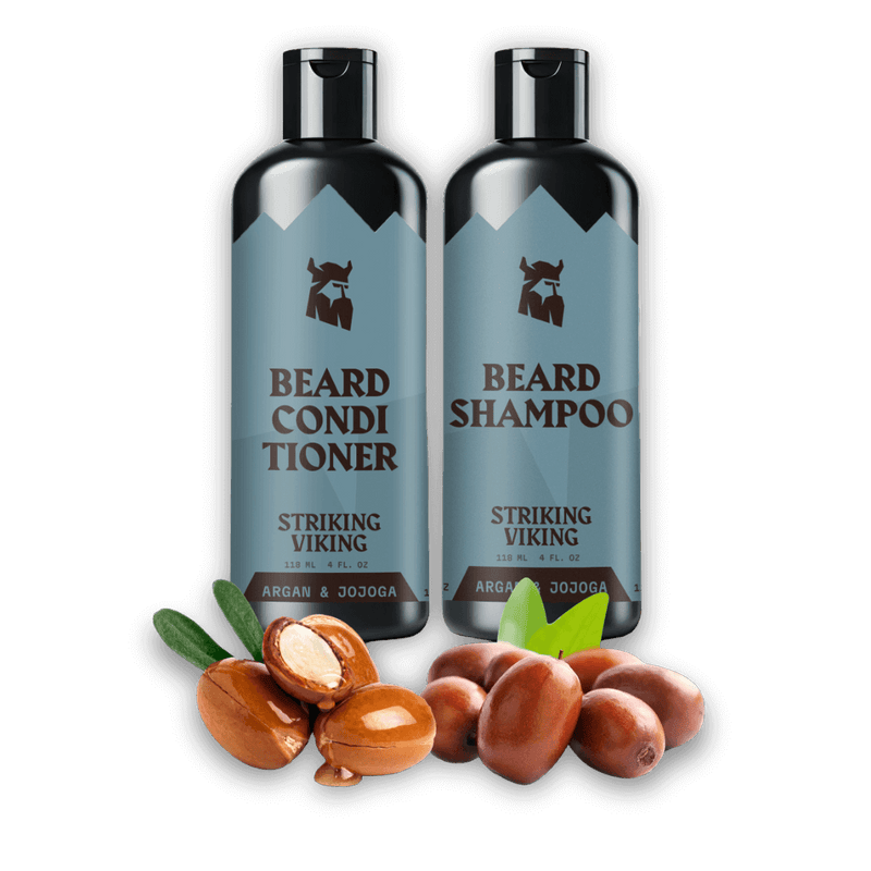 Beard Shampoo and conditioner set with Argan and Jojoba oils for moisturizing beard care.