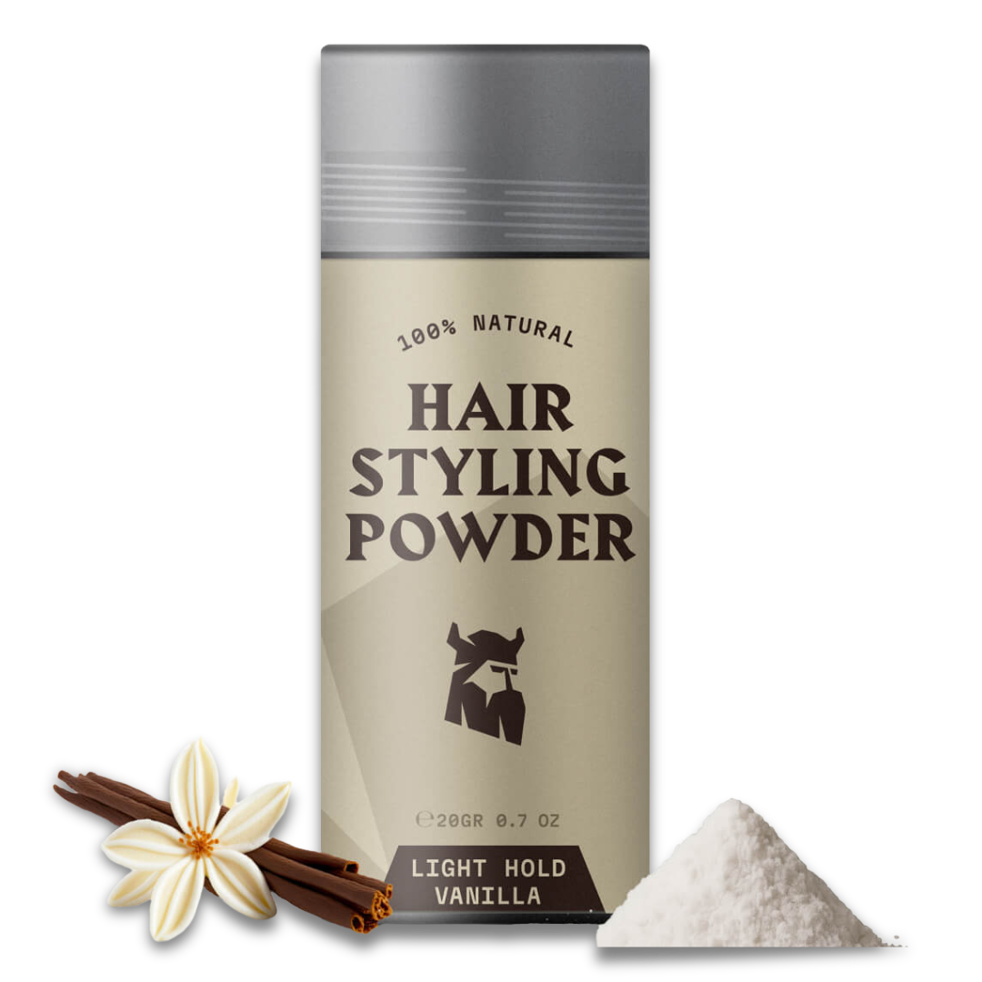 Hair styling powder for men with light hold and vanilla scent, featuring natural ingredients and bold volume boost.