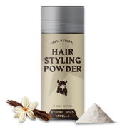 Hair Styling Powder for men with strong hold and vanilla scent in beige packaging alongside vanilla flower, cinnamon sticks, and powder pile