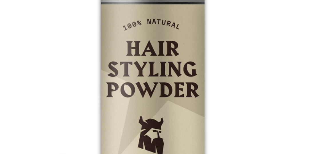Hair Styling Powder for men with strong hold and vanilla scent in beige packaging alongside vanilla flower, cinnamon sticks, and powder pile