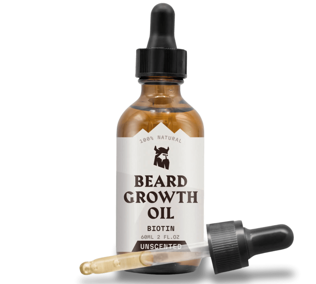 Beard Growth Oil Biotin for Men in amber dropper bottle, unscented and natural formula for fuller, healthier beard growth.