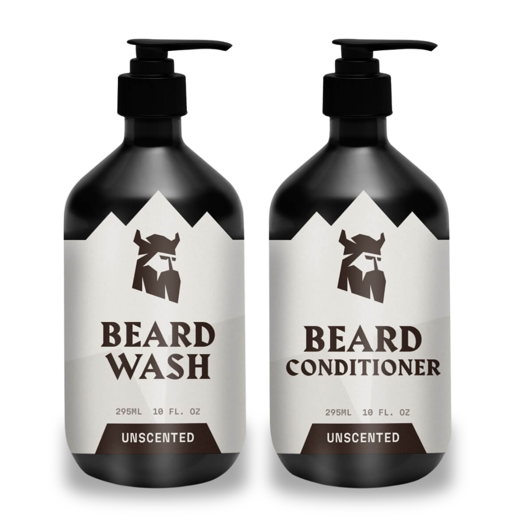 Set of unscented beard shampoo and conditioner bottles for beard growth and hydration