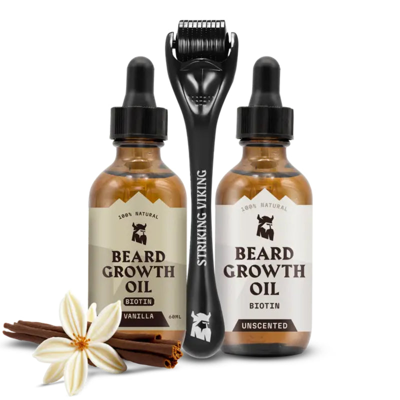 Striking Viking Beard Growth Kit with Beard Roller, Vanilla & Unscented Biotin Oils for Men