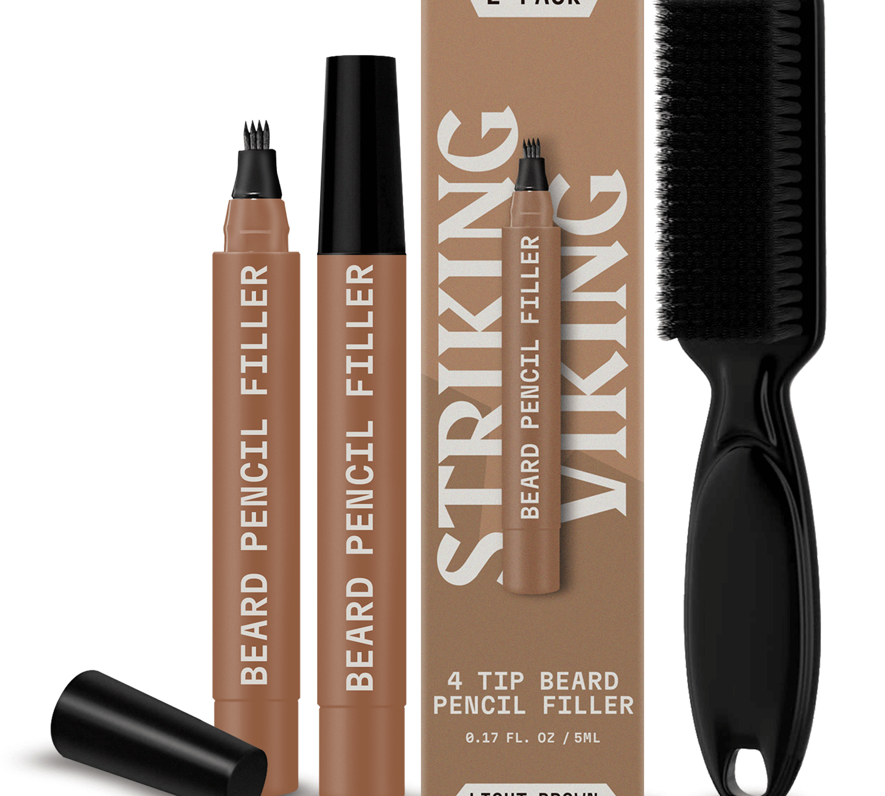 Beard pen 2 pack with brush, 4-tip applicator,light brown color.