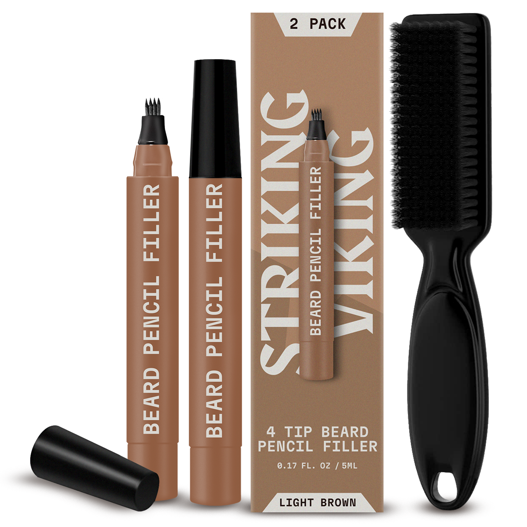 Beard pen 2 pack with brush, 4-tip applicator,light brown color.