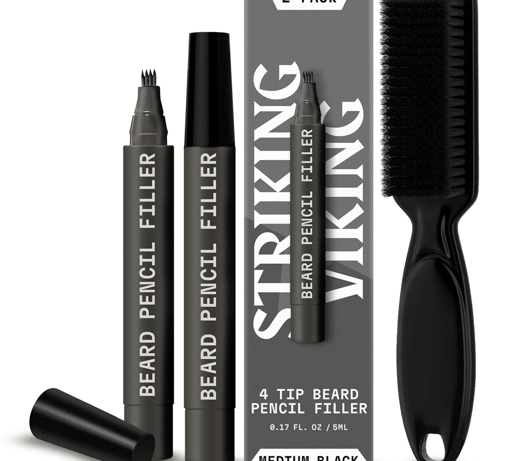 Beard pen 2 pack with brush, 4-tip applicator, medium black color.