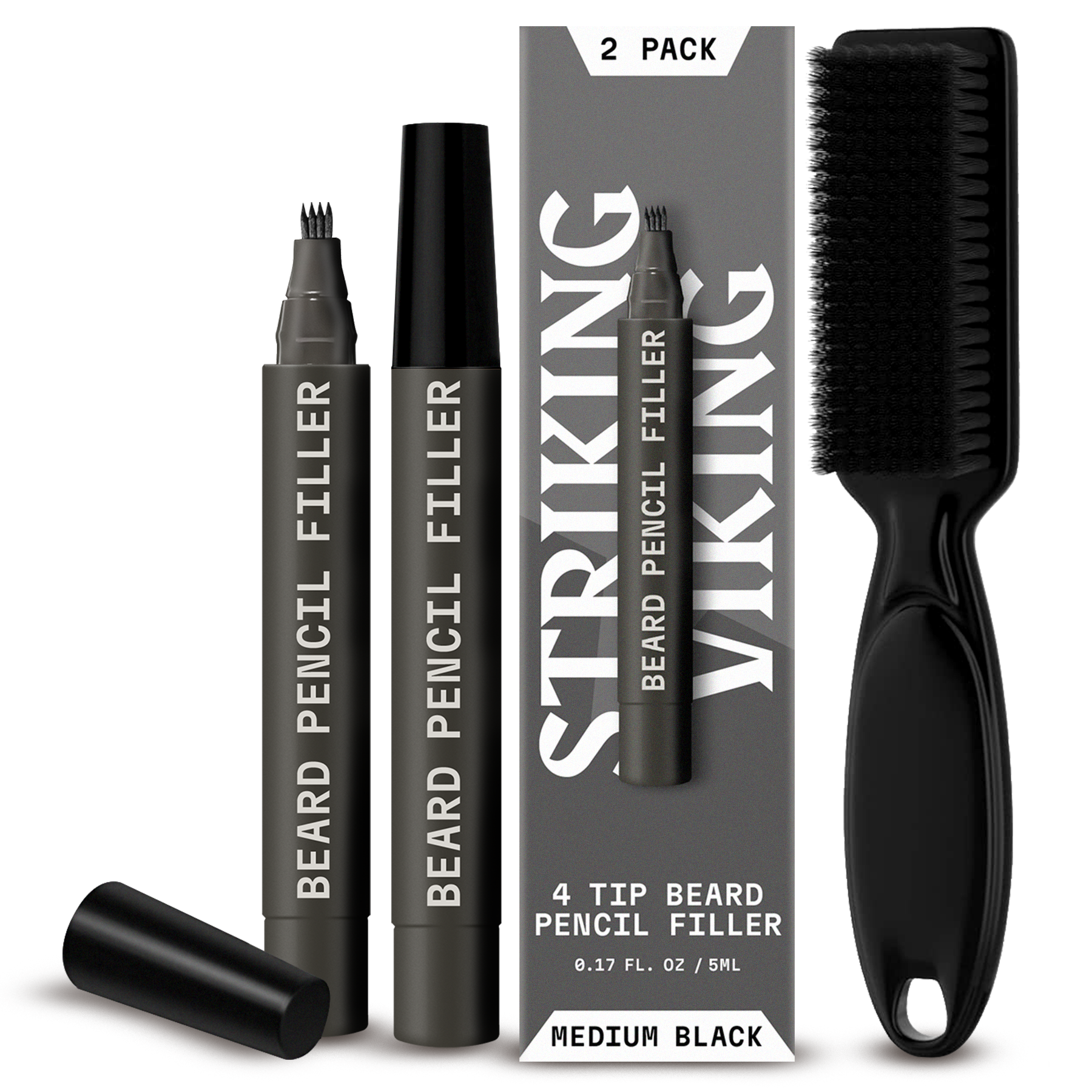 Beard pen 2 pack with brush, 4-tip applicator, medium black color.