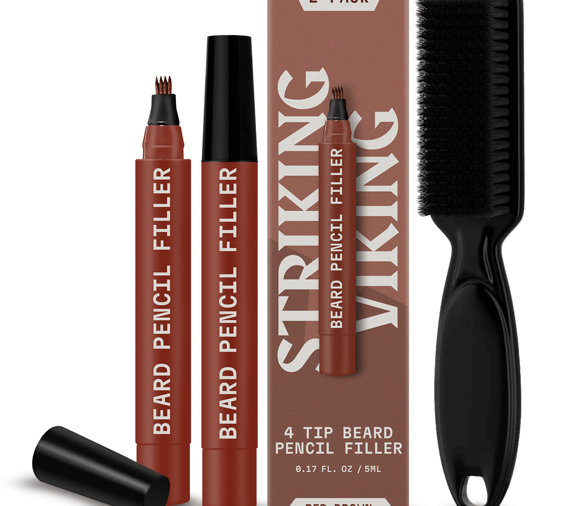 Beard filler pen 2 pack with brush, 4-tip applicator, red brown color.