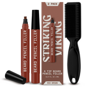 Beard filler pen 2 pack with brush, 4-tip applicator, red brown color.