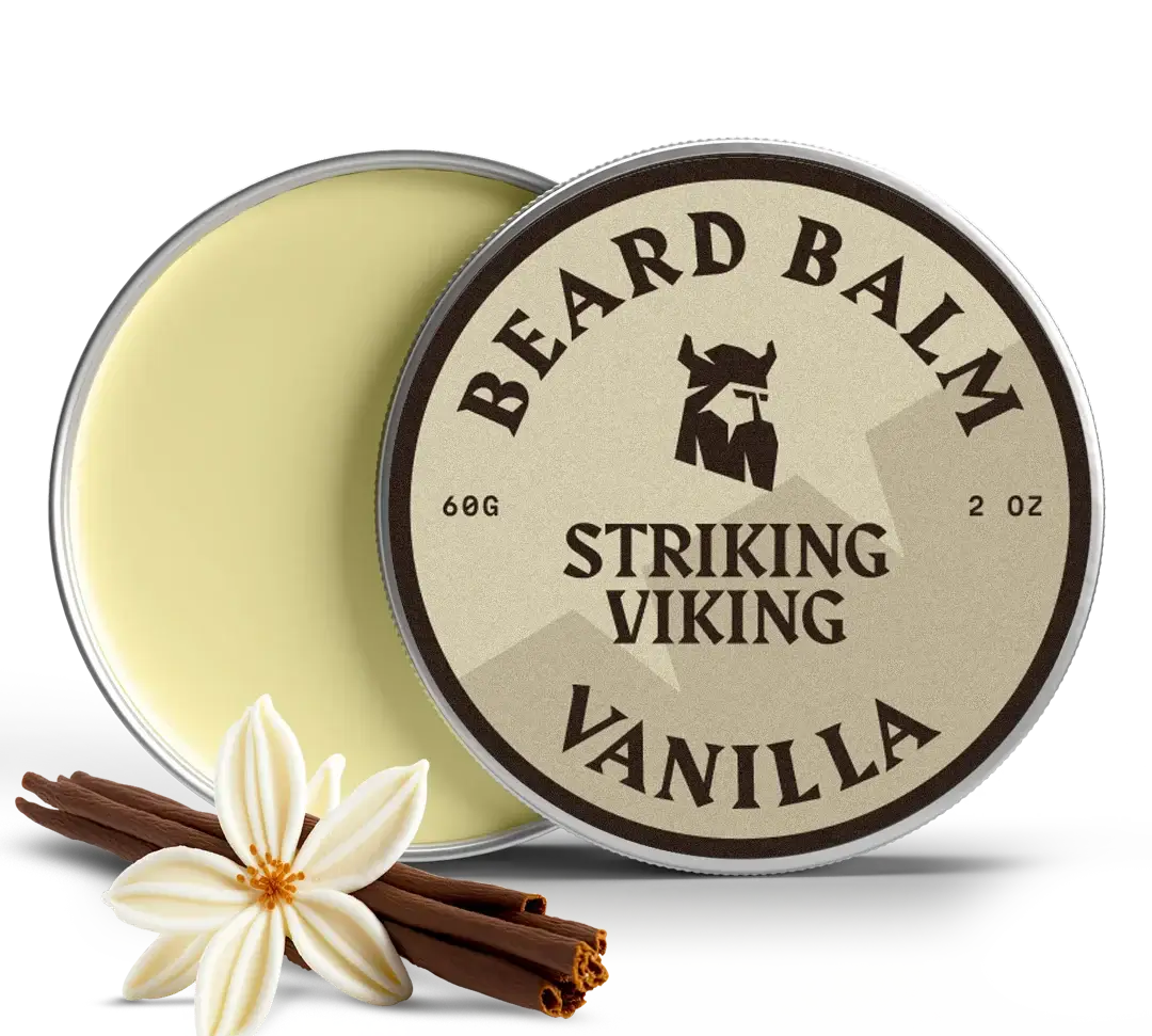 Beard Balm Vanilla tin with Striking Viking logo and vanilla decoration.