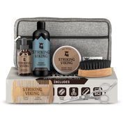 Beard grooming kit for men with shampoo, balm, oil, brush, comb, scissors, toiletry bag, and gift box.