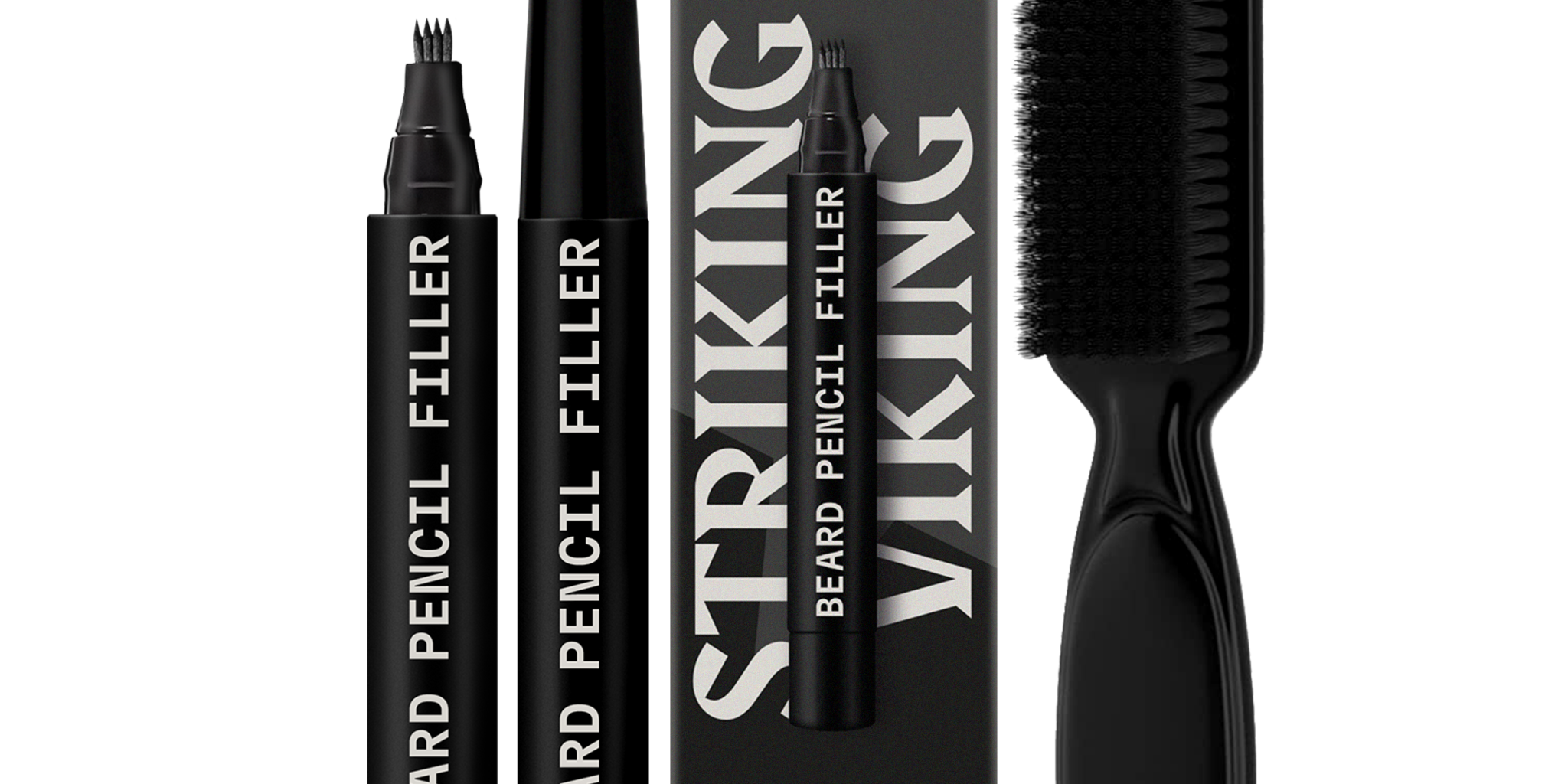 Beard filler pen 2 pack with brush, 4-tip applicator, jet black color.