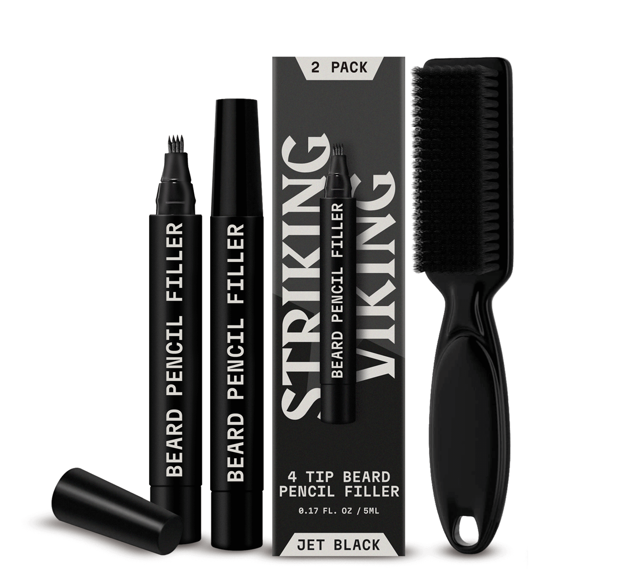 Beard filler pen 2 pack with brush, 4-tip applicator, jet black color.