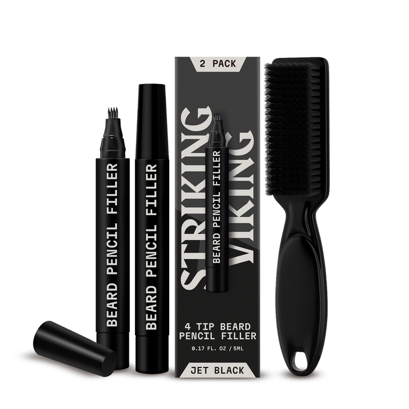 Beard filler pen 2 pack with brush, 4-tip applicator, jet black color.