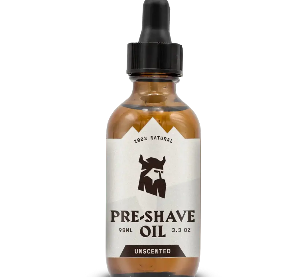 Unscented pre-shave oil for men in a glass bottle with dropper, offering enhanced glide and skin protection for smooth shaving.