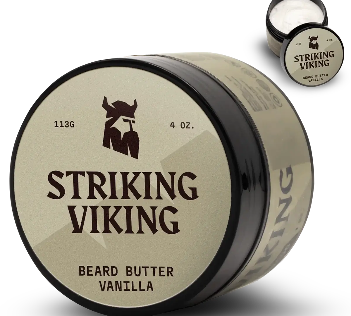 Beard Butter Vanilla by Striking Viking in a 4 oz container, designed for intense moisturization and long-lasting fragrance.