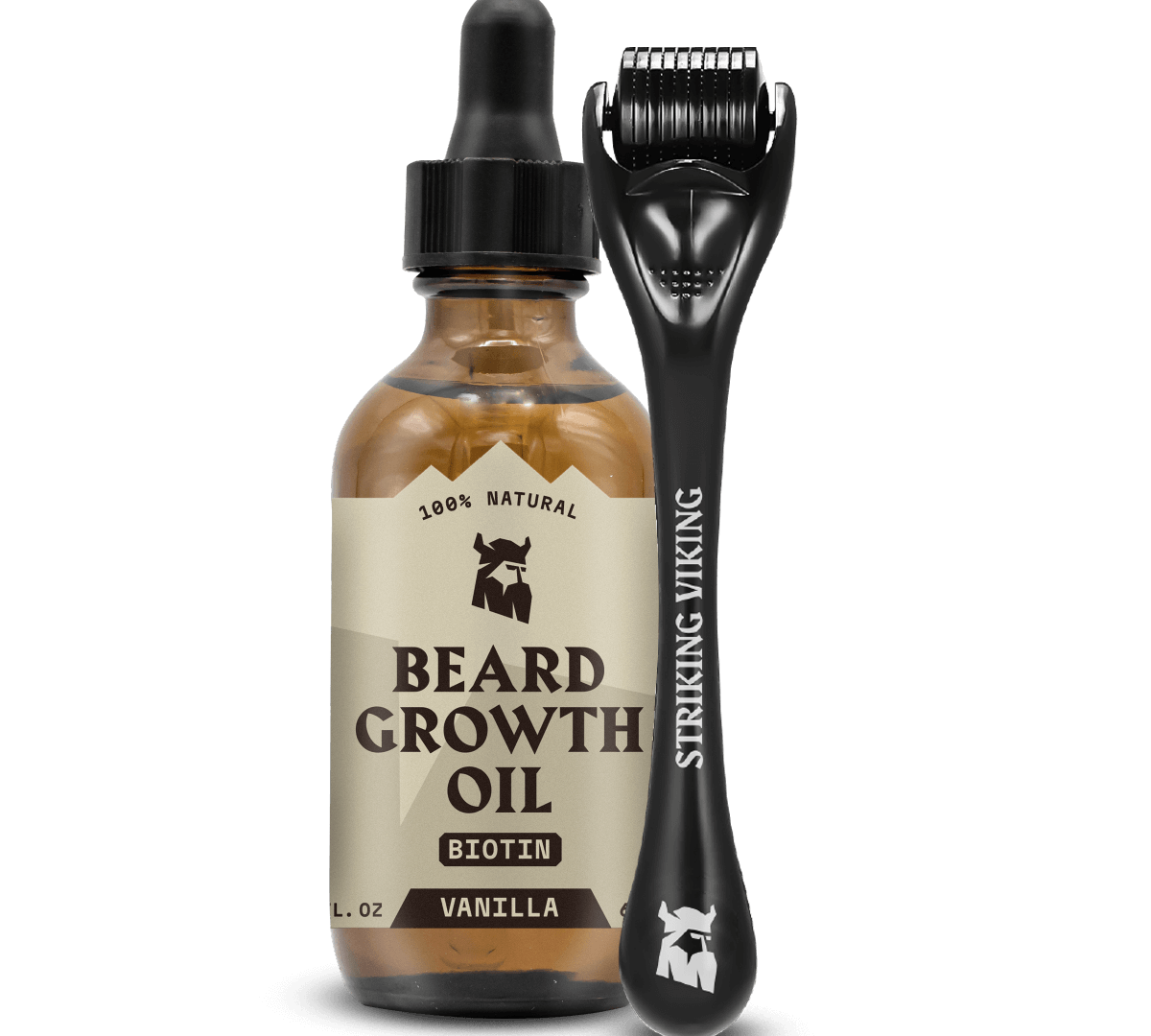Beard Growth Kit - Vanilla scented oil and derma roller for thicker beard development.