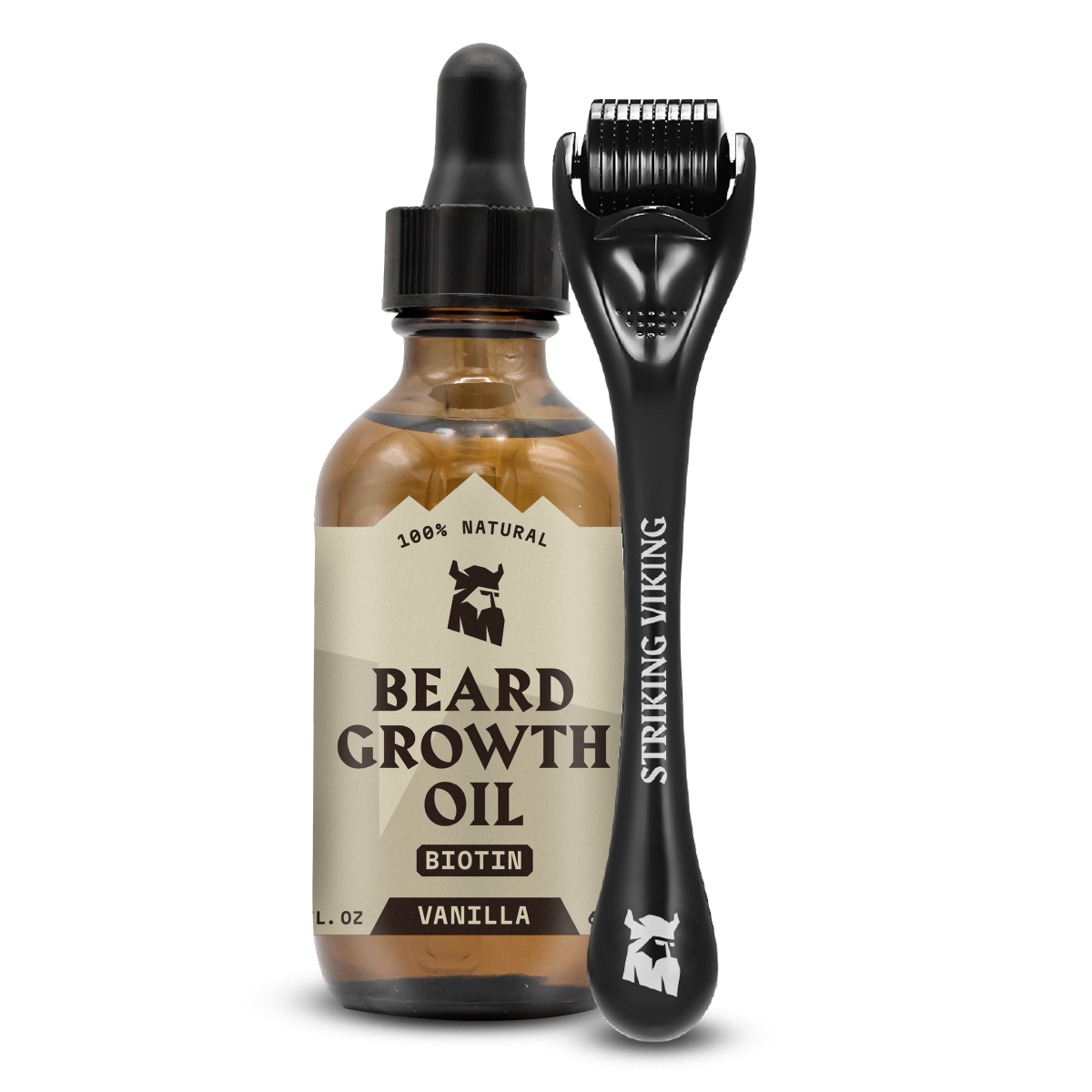 Beard Growth Kit - Vanilla scented oil and derma roller for thicker beard development.