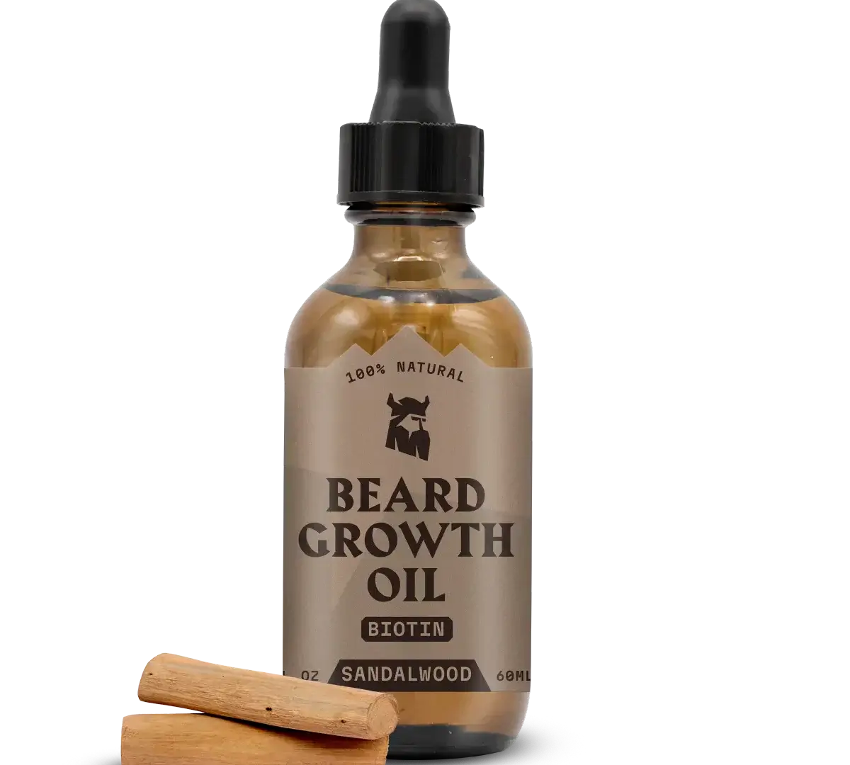 Beard Growth Oil Biotin Sandalwood bottle with sandalwood pieces.
