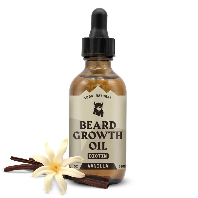 Beard Growth Oil for men with vanilla scent, featuring biotin, in a brown dropper bottle.
