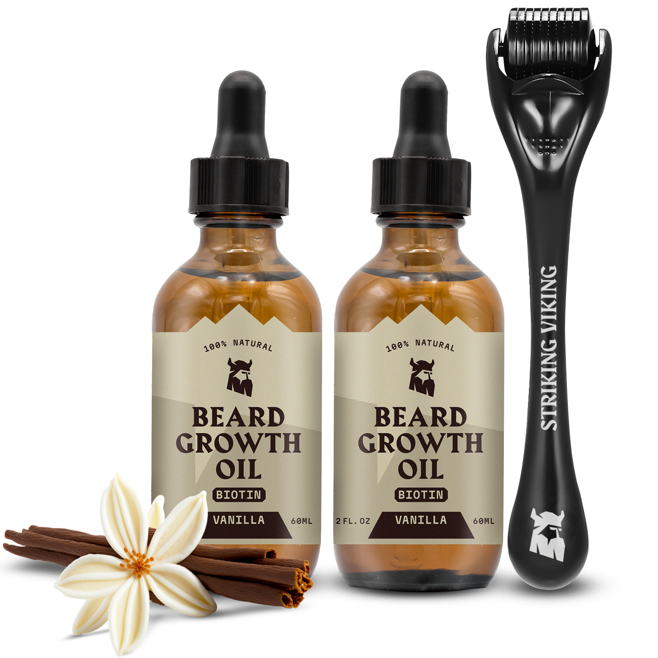 Vanilla Beard Growth Bundle - Biotin Infused Growth Serum & Titanium Derma Roller with beard growth oil and roller