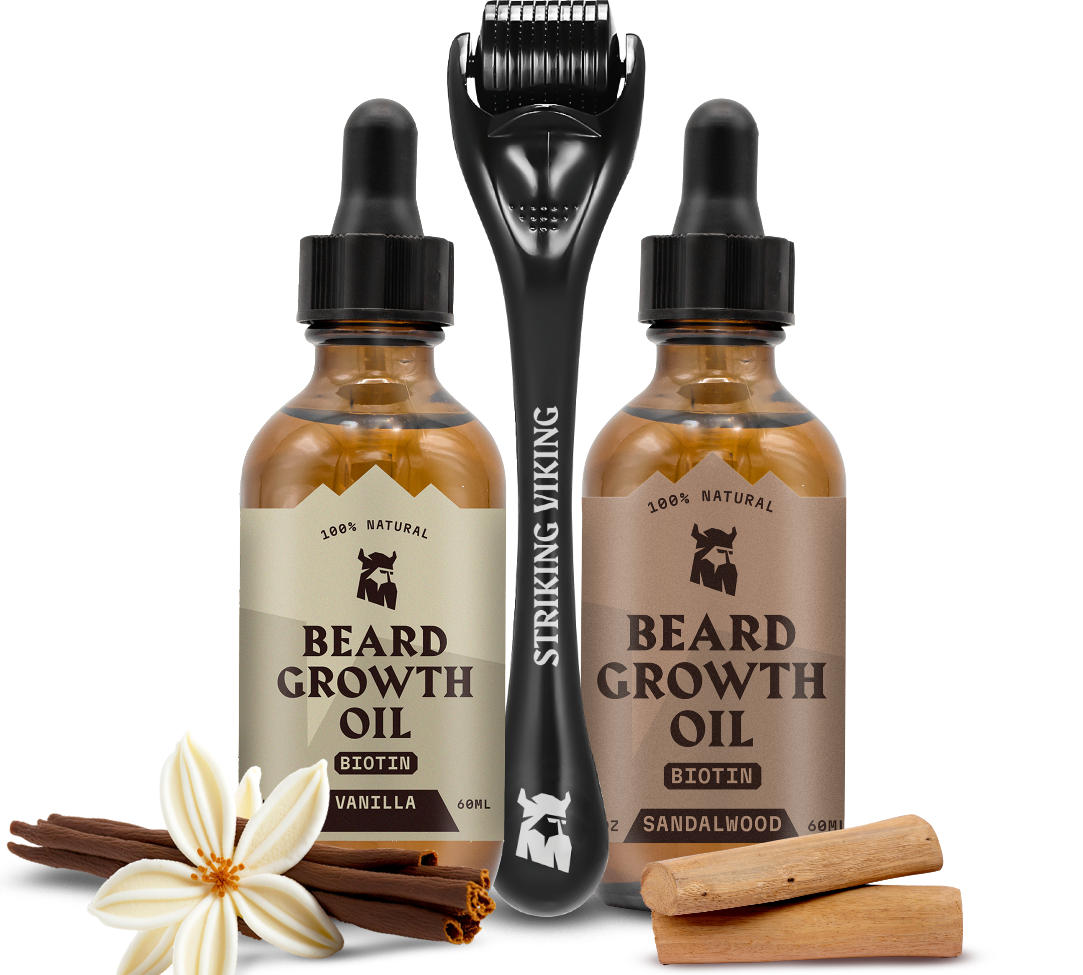 Beard Growth Mastery Bundle - Sandalwood & Vanilla Biotin Oils + Derma Roller with natural ingredients and packaging.