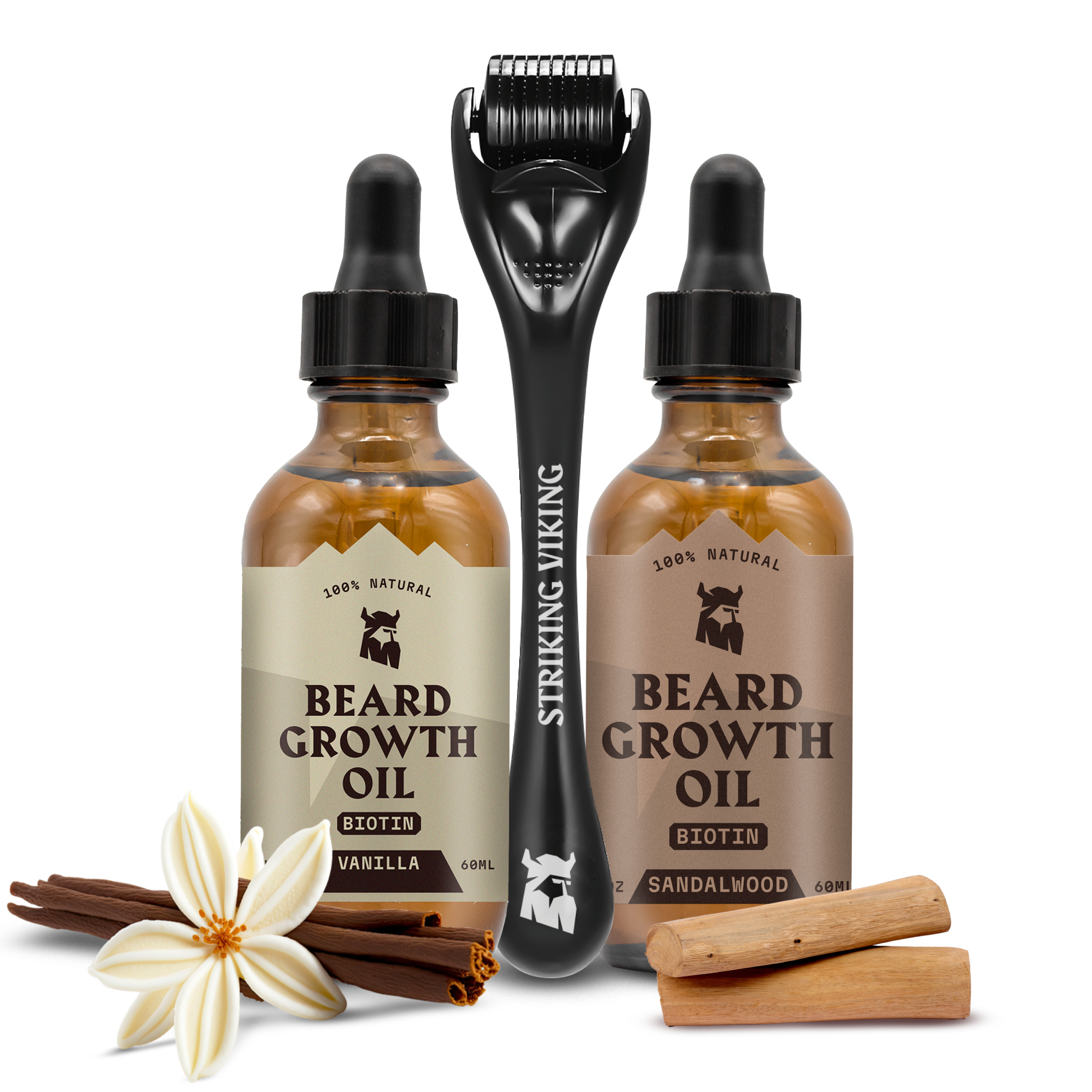 Beard Growth Mastery Bundle - Sandalwood & Vanilla Biotin Oils + Derma Roller with natural ingredients and packaging.